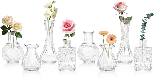 Vista 8 de KJHL Juego de 4 jarrones pequeños de cristal para flores, jarrones de flores pequeños transparentes vintage para centros de mesa de boda, mini