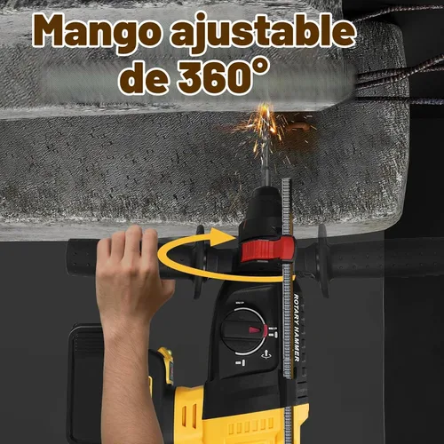 Vista 5 de Taladro de martillo giratorio inalámbrico para batería Dewalt de 20 V, SDS-Plus sin escobillas de 3 julios con 4 modos, mango auxiliar de 360° y 5