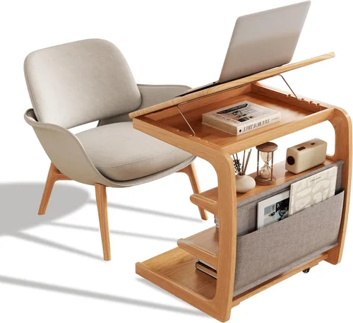 Vista 10 de AQIMUELE Mesa auxiliar de madera en forma de C, escritorio de sofá con 2 ruedas con cerradura, mesa de sofá de 4 niveles con bolsa de Natural