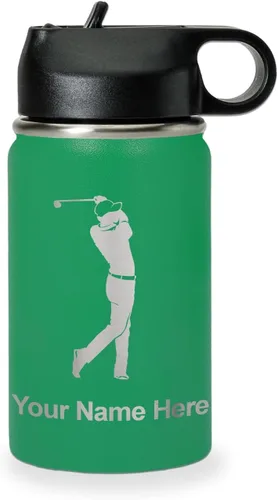 Vista 63 de LaserGram Botella de agua personalizada, golfista de golf, acero inoxidable de doble pared aislada al vacío con popote superior, regalo grabado Negro