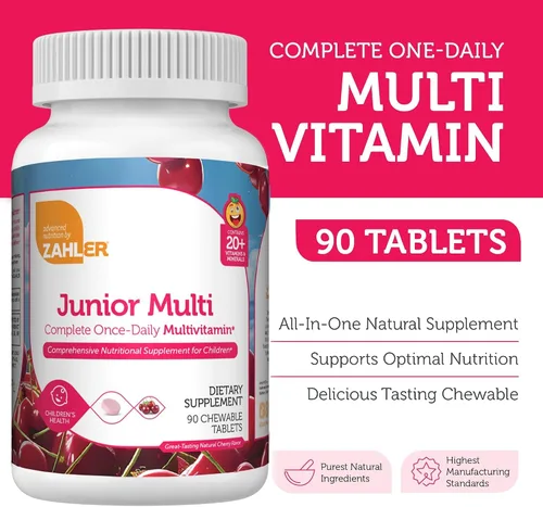 Vista 3 de Zahler, Junior Multi, Suplemento mineral y multivitamínico óptimo para niños, las más deliciosas tabletas masticables sabor cereza, color y sabor