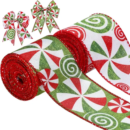 Vista 8 de Berlune 2 rollos de cinta de Navidad con borde de alambre de menta caramelo de 2.5 pulgadas de ancho, cinta de arpillera para manualidades, coronas