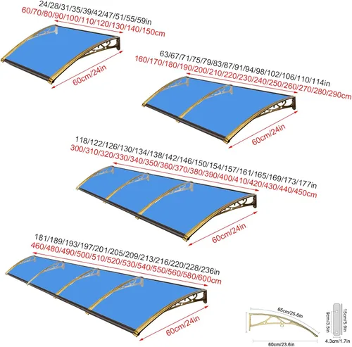 Vista 5 de Cubierta de policarbonato curvada azul, cubierta de aleación de aluminio, refugio de lluvia para ventana del hogar, toldo de ventana de puerta
