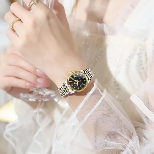Vista 4 de OLEVS Reloj automático para mujer, de lujo, con cuerda automática, de diamante, de acero inoxidable, de fase lunar, impermeable, esfera azul luminosa