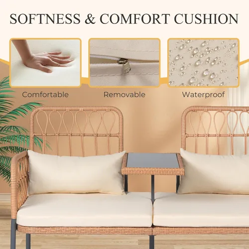 Vista 3 de PROHIKER Muebles de Patio Exterior Sofá de Amor de Ratán de 2 Asientos con Mesa Integrada, Almohadas Lumbares y Cojines, Sofá de Amor de Mimbre