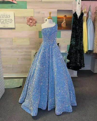 Vista 4 de Vestido de fiesta brillante con lentejuelas de un hombro, vestido de niña de flores para boda, princesa, vestido para niños pequeños