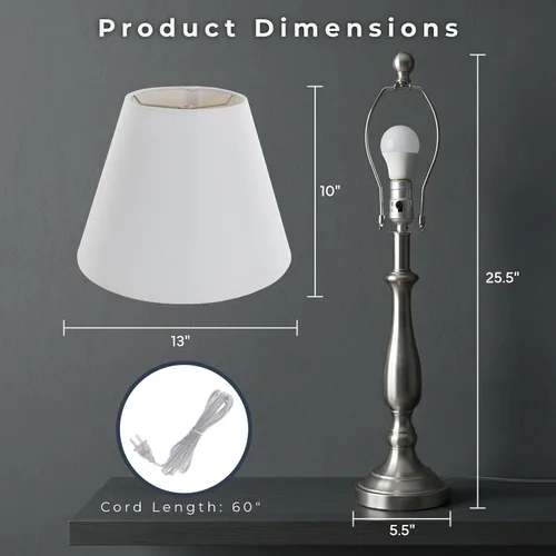 Vista 2 de Lámparas de mesa de acero cepillado, juego de 2 luces tradicionales con bombillas LED, decoración del hogar para dormitorio, sala de estar, oficina