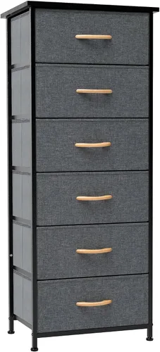 Vista 16 de Cajonera alta para armario, torre de almacenamiento vertical - Estructura de acero resistente, parte superior de madera, cajones de tela de fácil