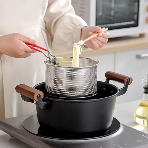 Vista 7 de Set de colador de pasta de 2 piezas, colador de fideos de acero inoxidable con asa extraíble, colador de pasta de metal, cesta para freidora