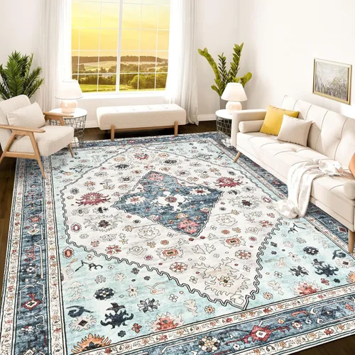 Vista 236 de Istana Alfombra larga antideslizante de 2.5 x 8 para el hogar, para pasillo y cocina, lavable, sedosa y suave al tacto, elegante, color azul y marfil
