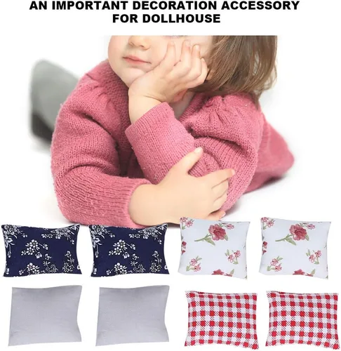 Vista 2 de Almohada de muñeca 1:12, 8 piezas de tela suave, mini almohadas ligeras, modelo de casa de muñecas en miniatura, accesorio de juguete