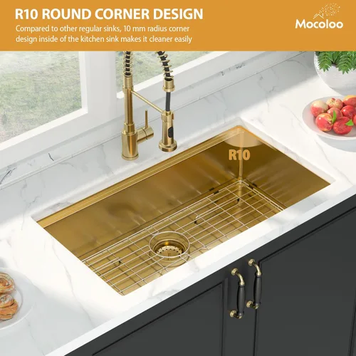 Vista 8 de Mocoloo Fregadero de cocina dorado 33 – Fregaderos de cocina empotrados de 33 x 19 pulgadas, estación de trabajo, fregadero dorado, fregadero