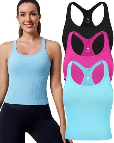 Vista 9 de Women's Workout Tank Tops, with Built in Bra Racerback Seamless Crop Tops Negro Blanco Gris 3 Pack