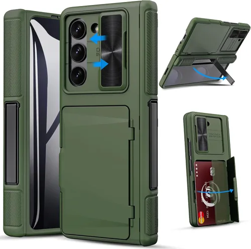 Vista 14 de GBEE - Funda para Samsung Galaxy Z Fold 5 con soporte y protector de pantalla, color negro Card Holder & Sliding Camera Cover & Hinge Protection &