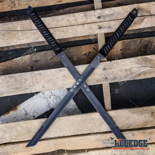 Vista 6 de Juego de 2 machetes Tanto Ninja Katana de espada doble de 28 pulgadas con funda de nailon + grabado negro chino en la edición Blade.