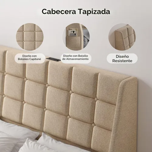Vista 7 de Cabecera ergonómica tapizada de tamaño completo con estación de carga, cabeceros wingback de lino con bolsillo de almacenamiento, solo cabecero