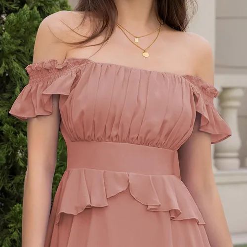 Vista 7 de Byinns Vestido de verano con volantes para mujer, vestido escalonado, hombros descubiertos, sin mangas, vestido fluido