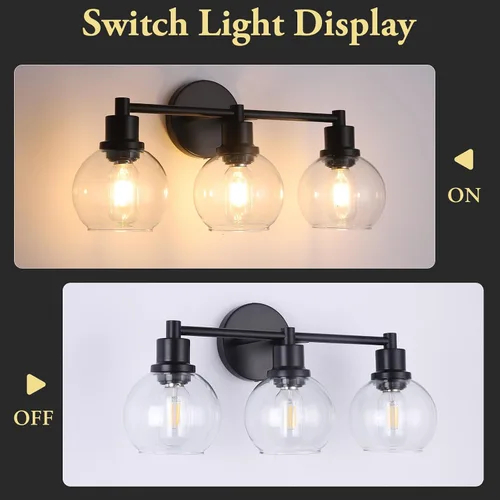Vista 5 de Lámpara de Tocador de Baño de 3 Luces, Accesorios de Iluminación de Baño Negro con Pantalla de Globo de Vidrio Transparente, Aplique de Pared Negro