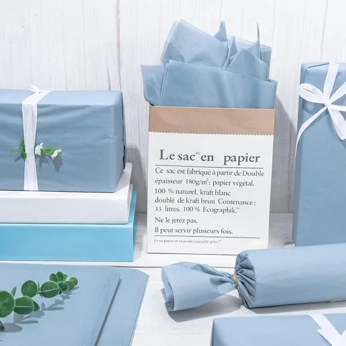 Vista 5 de Whaline 100 hojas de papel de seda azul polvoriento, color azul pastel, papel decorativo de arte decorativo para manualidades, embalaje, boda, Azul