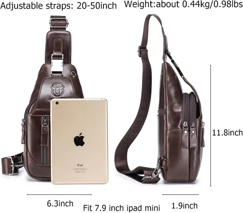 Vista 2 de BULLCAPTAIN Bolso bandolera de cuero genuino con múltiples bolsillos para hombre, bolso cruzado de viaje, mochila de hombro pequeña casual