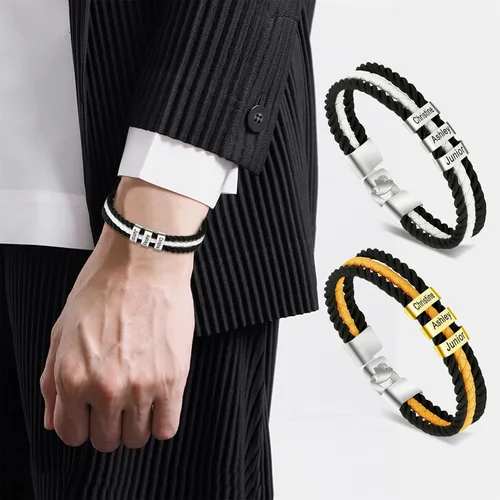 Vista 43 de Pulseras de cuero personalizadas para hombre con 1-6 nombres, pulsera trenzada personalizada con cuentas para papá, marido, día del padre, San