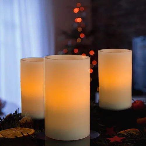 Vista 2 de Homemory Velas de cera sin llama de 5 x 3 pulgadas, velas LED de pilar con control remoto y temporizador, luz parpadeante amarilla ámbar