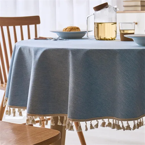 Vista 7 de Dimatic Mantel redondo con textura de lino con ribete de encaje, impermeable, a prueba de derrames, para decoración de mesa de cocina, comedor, Beige