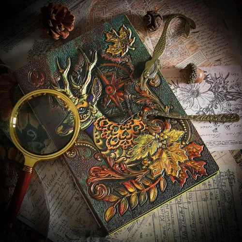 Vista 4 de Diario sin forro – Cuaderno de tapa dura con diseño de ciervo en relieve 3D, cuaderno de bocetos A5 con 2 marcadores, 8.4 x 5.7 pulgadas
