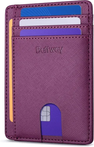 Vista 23 de Buffway - Carteras de cuero delgadas minimalistas con bolsillo frontal y bloqueo RFID para hombres y mujeres, negro (Alaska Black), Minimalista