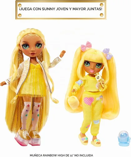 Vista 4 de Rainbow High Jr High PJ Party - Sunny, Muñeca de moda rubia posable amarilla de 9" con enterizo suave, pantuflas, accesorios de juego divertidos