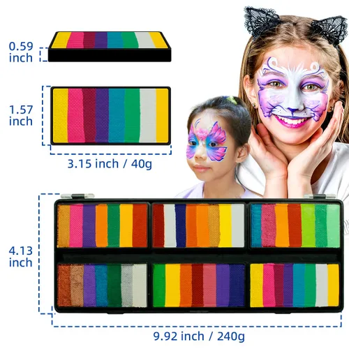 Vista 2 de Kit de pintura facial de 8.47 oz de tortas divididas arco iris, paleta de pintura facial profesional para niños y adultos con purpurina, plantillas