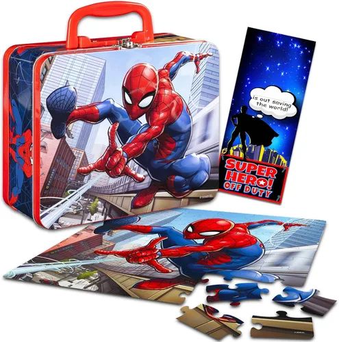 Vista 7 de Marvel Spiderman - Rompecabezas de 48 piezas en lata, rojo, azul, blanco Fiambrera Spider-Man con rompecabezas y colgador de puerta Juego