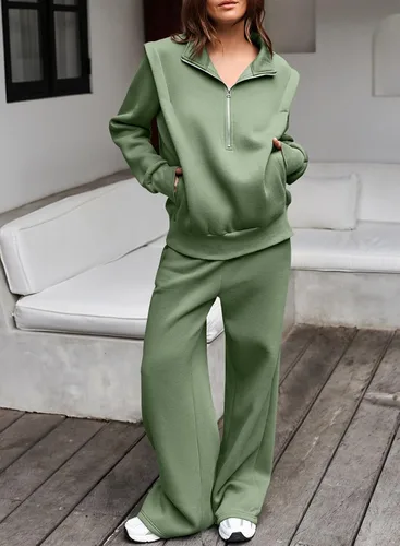 Vista 2 de Aleumdr Conjunto de dos piezas de sudadera con media cremallera para mujer, conjunto a juego con pantalón de pierna ancha aguamarina (Clearly Aqua)