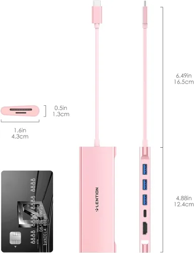 Vista 8 de LENTION Hub multipuerto USB C 7 en 1 con HDMI 4K, 100 W PD, 3 puertos USB 3.0, lector de tarjetas SD/MicroSD compatible con MacBook Pro/Air/Neo Oro