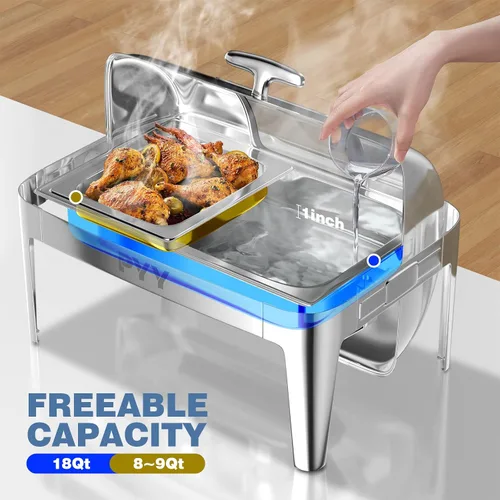 Vista 3 de Juego de buffet de platos de roce PYY con tapa enrollable, juego de 9 cuartos de galón de servidor de roce de acero inoxidable para catering, chafer