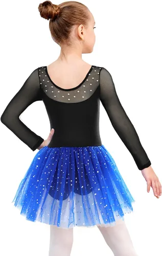 Vista 4 de EQSJIU Leotardo de ballet de manga larga con falda tutú para niñas, baile, gimnasia, niños pequeños, vestido de fiesta de copo de nieve brillante