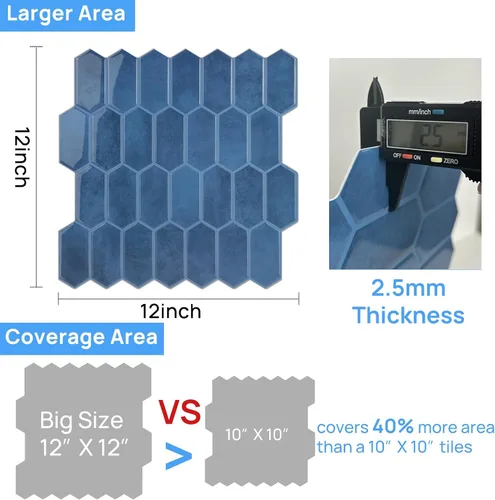 Vista 5 de Azulejos de despegar y pegar para cocina, diseño más grueso 3D autoadhesivo hexagonal largo para pared, azulejos para salpicadero, azul 10 hojas