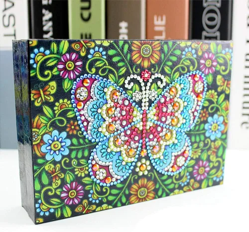 Vista 6 de DIY 5D Colorido Mariposa Diamante Pintura Joyero Kits para Adultos, Forma Especial Cristal Rhinestone Diamante Arte Joyero Organizador de Cuero PU