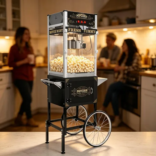 Vista 9 de 20 OZ Commercial Popcorn Machine with Cart - Stainless Steel Kettle Popper with Wheels, Warming Deck & Tempered Glass, for Business, School