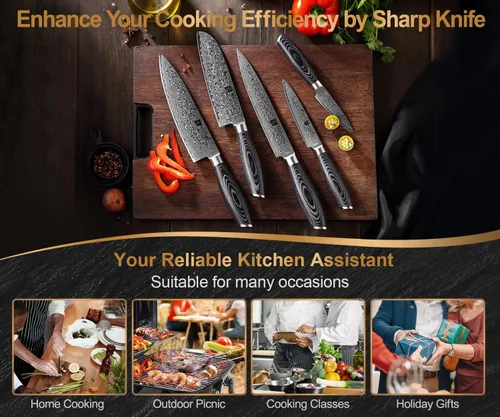 Vista 7 de XINZUO Cuchillo de cocina de 5 piezas, juego de cuchillos de chef profesional de acero de Damasco súper afilado con mango de madera de Pakkawood