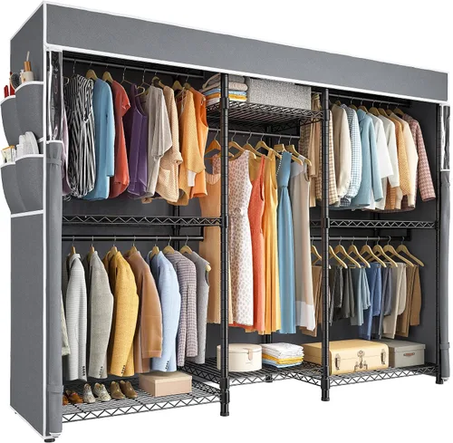 Vista 9 de Raybee Perchero de ropa para colgar ropa, capacidad de 900 libras, armario portátil resistente con 5 barras de suspensión y 8 estantes