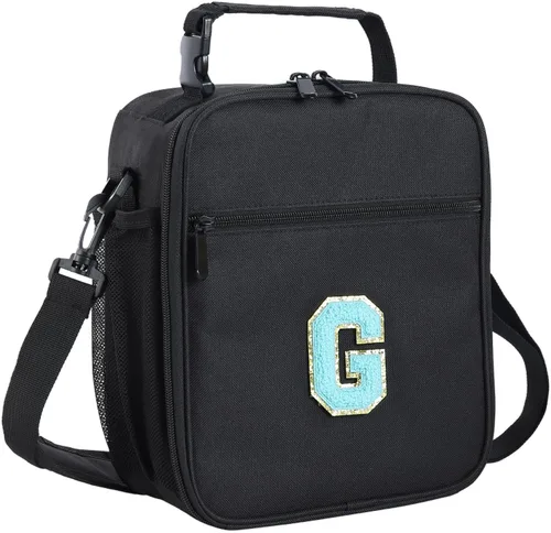 Vista 21 de ELEFOCUS Lonchera aislada con inicial para mujeres y hombres, bolsa de almuerzo personalizada con monograma con correa de hombro ajustable