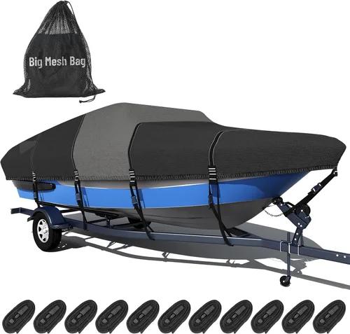 Vista 11 de Funda para barco 1600D + 1200D con bucles de 2 pulgadas de ancho para remolque y amarre, ultraduradera, impermeable, se adapta a Tri-Hull, V-Hull