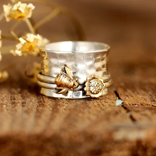 Vista 3 de Anillo giratorio de girasol y abeja para mujer, plata de ley 925, Boho-Magic