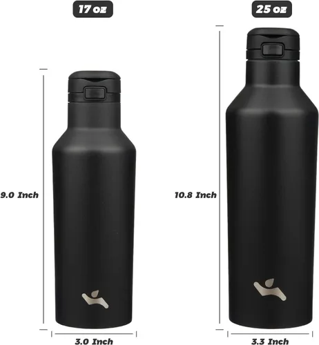 Vista 5 de Botella de agua aislada con popote, termo de agua de acero inoxidable de doble pared de 17 onzas con 2 tapas, color negro