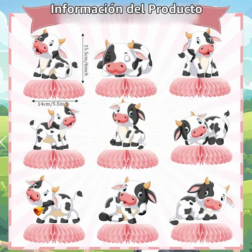 Vista 2 de 9 piezas de centro de mesa de nido de abeja de vaca rosa, animales de granja, vaca, nido de abeja rosa, fiesta temática de panal de abeja 3D