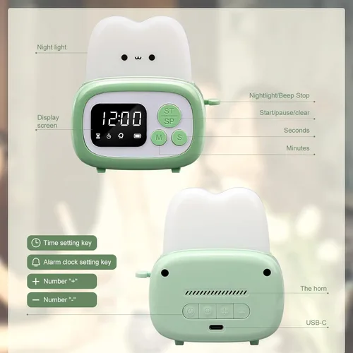 Vista 6 de QANYI Lámpara Reloj Temporizador Pequeña Tostadora, Linda Luz Nocturna con Herramienta de Gestión del Tiempo y Reloj de Mesa con Alarma