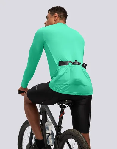 Vista 6 de Bikewa Maillot de ciclismo para hombre con 3+1 bolsillos traseros con cremallera, manga larga, absorción de humedad, UPF 50+ media cremallera