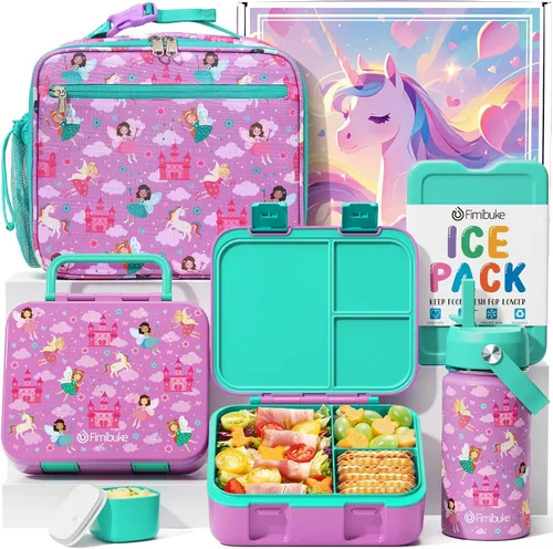 Vista 12 de Fimibuke Lonchera Bento para Niños - Contenedor de Snacks Bento para Niños Pequeños con 3 Compartimentos, Botella de Agua de Acero Inoxidable, Bolsa