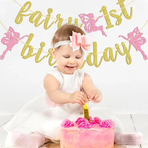 Vista 7 de Cartel de primer cumpleaños de hada, decoración de fiesta de primer cumpleaños de hadas, pancarta de primer cumpleaños para niña, decoraciones